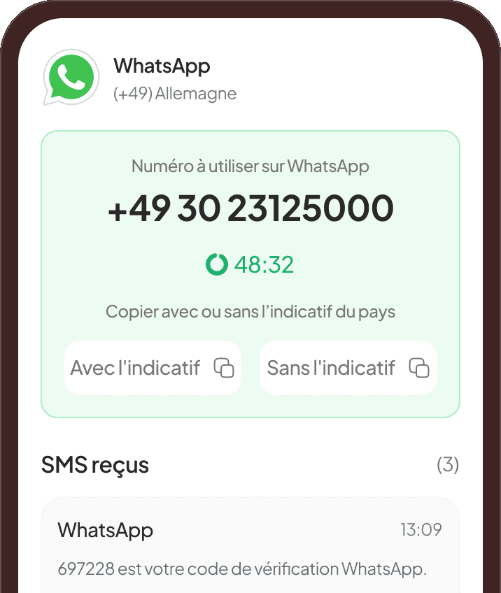 Écran Chapnum affichant un numéro virtuel allemand pour WhatsApp et les SMS de vérification reçus